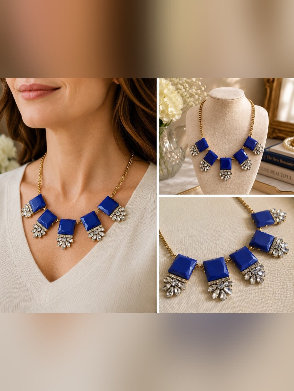 J.Crew‎ Cobalt Blue Resin Crystal Rhinestone Statement Bib Necklace Gold Tone